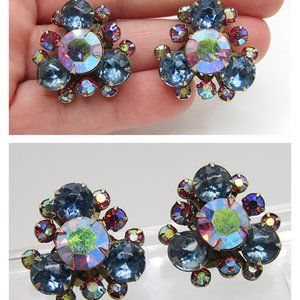 Vintage Rhinestone Earrings Pink Blue Clip On
